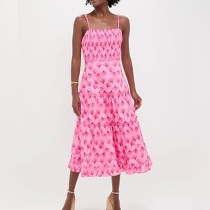 Pink Floral Midi Dress with Smocked Bodice